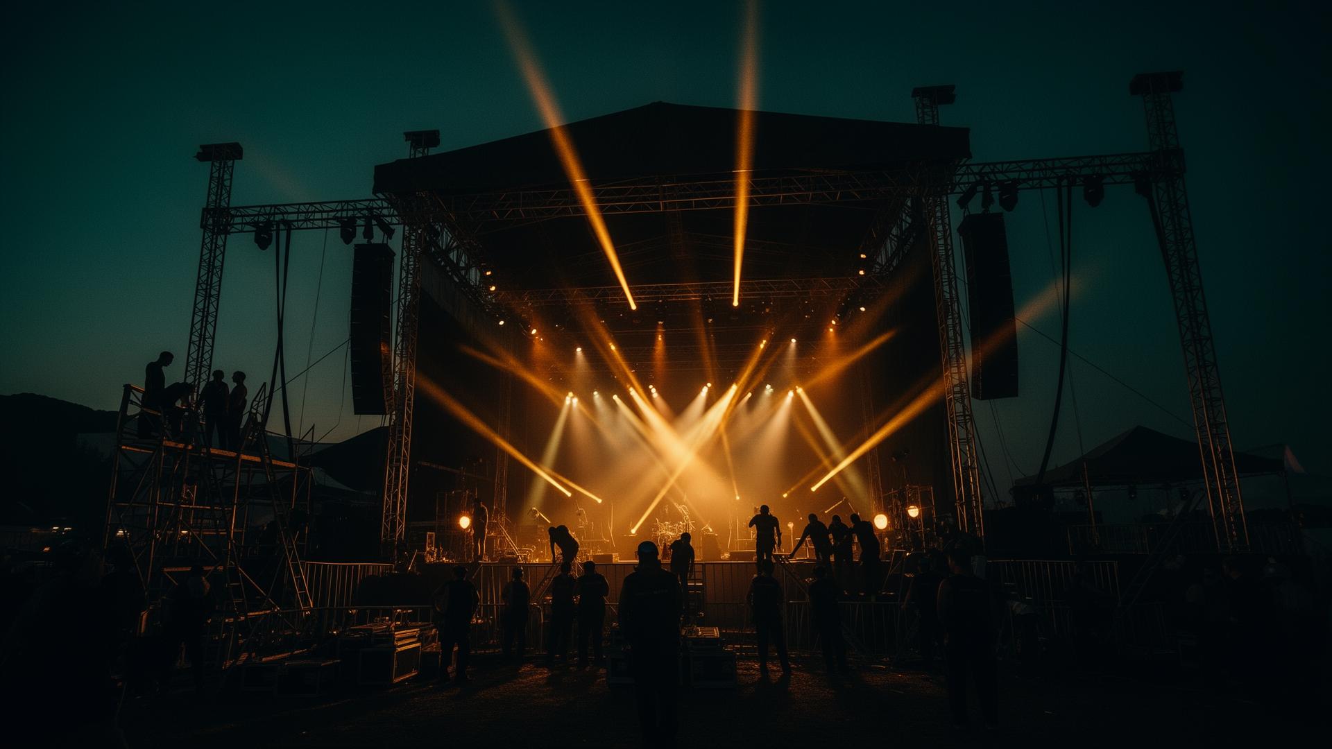 Eventcrew bouwt een festivalpodium bij schemering